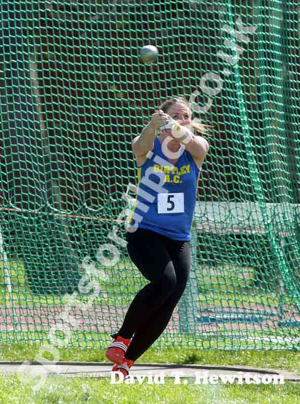 Katy Wilson (Birtley) wins the hammer with 47.97 in the North of England, Div. 4E, Whitley Bay.